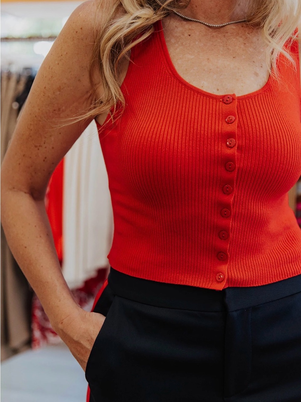 Alice + Olivia Bright Red Ribbed Button Tank- XS